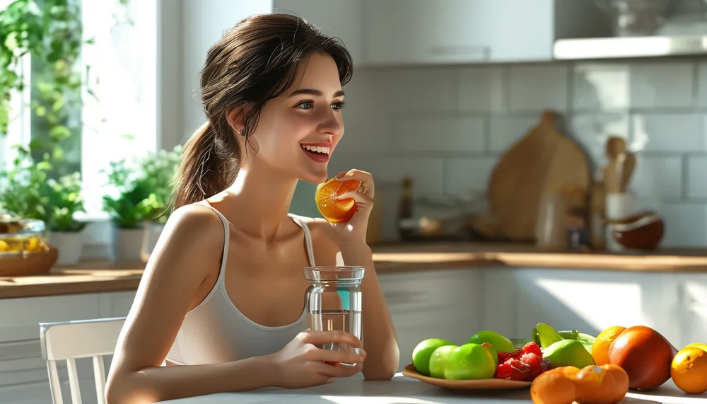 Woman drinking water and eating fruit, healthy habits